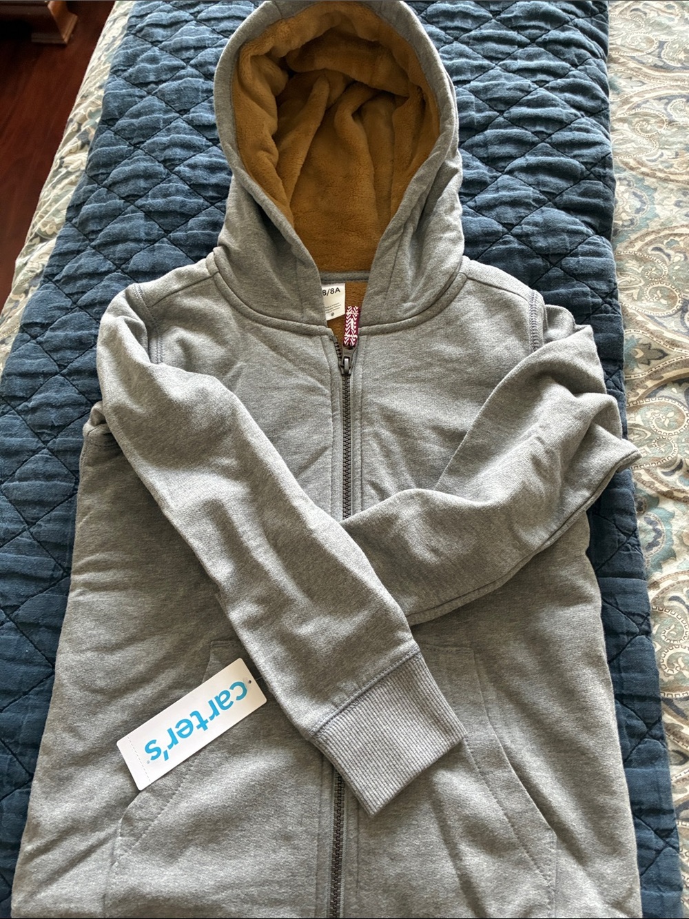 NWT Carters Light Gray Zip-Up Hoodie with soft brown lining
